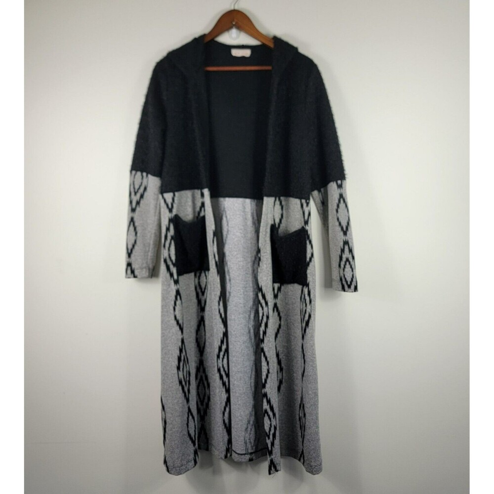 Raw Edge Women's Small Sweater Long Gray Black Hooded